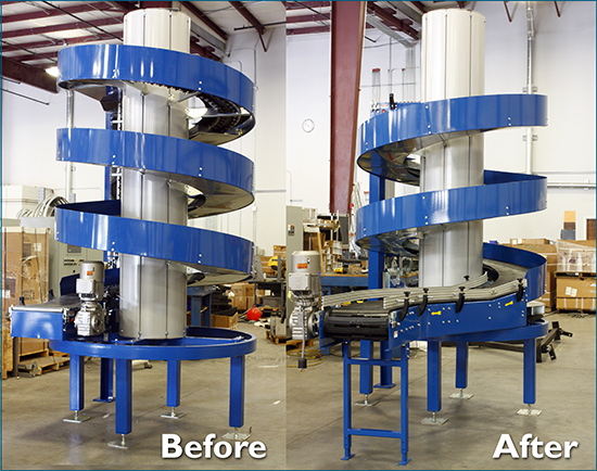 Before and After Photos of Modified Spiral Conveyor Accomodating Process Changes